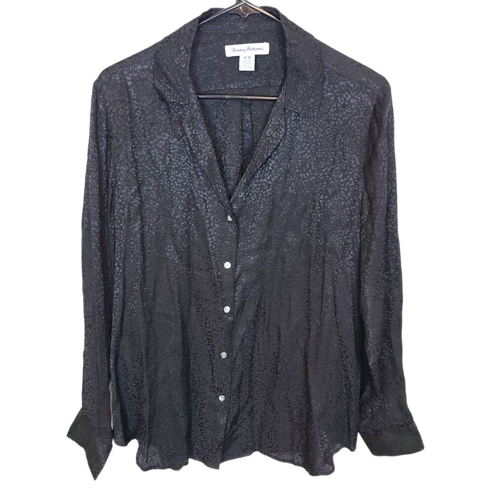 Tommy Bahama Womens Leopard Print Satin Blouse Size M Classic Mob Wife Preppy